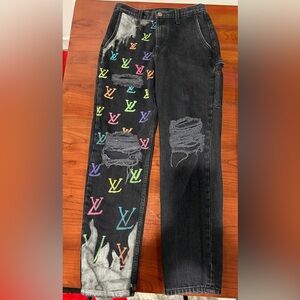 Carmar 26 Black Distressed Carpenter Denim Jean LV Painted Monogram Los Angeles💙